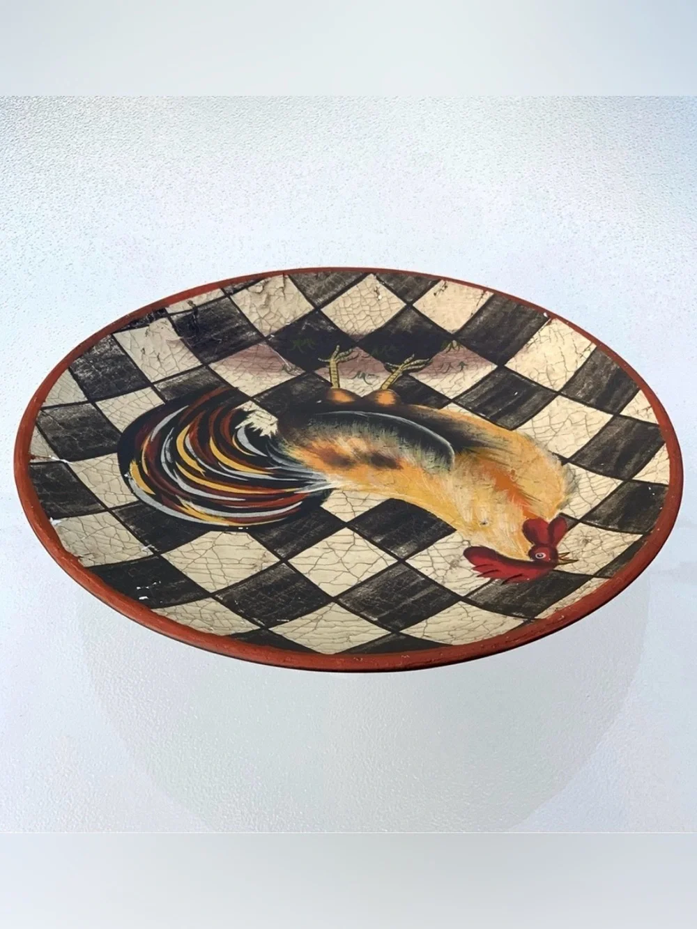 Farmhouse Rooster Checkerboard Ceramic Hand Painted Decorative Plate